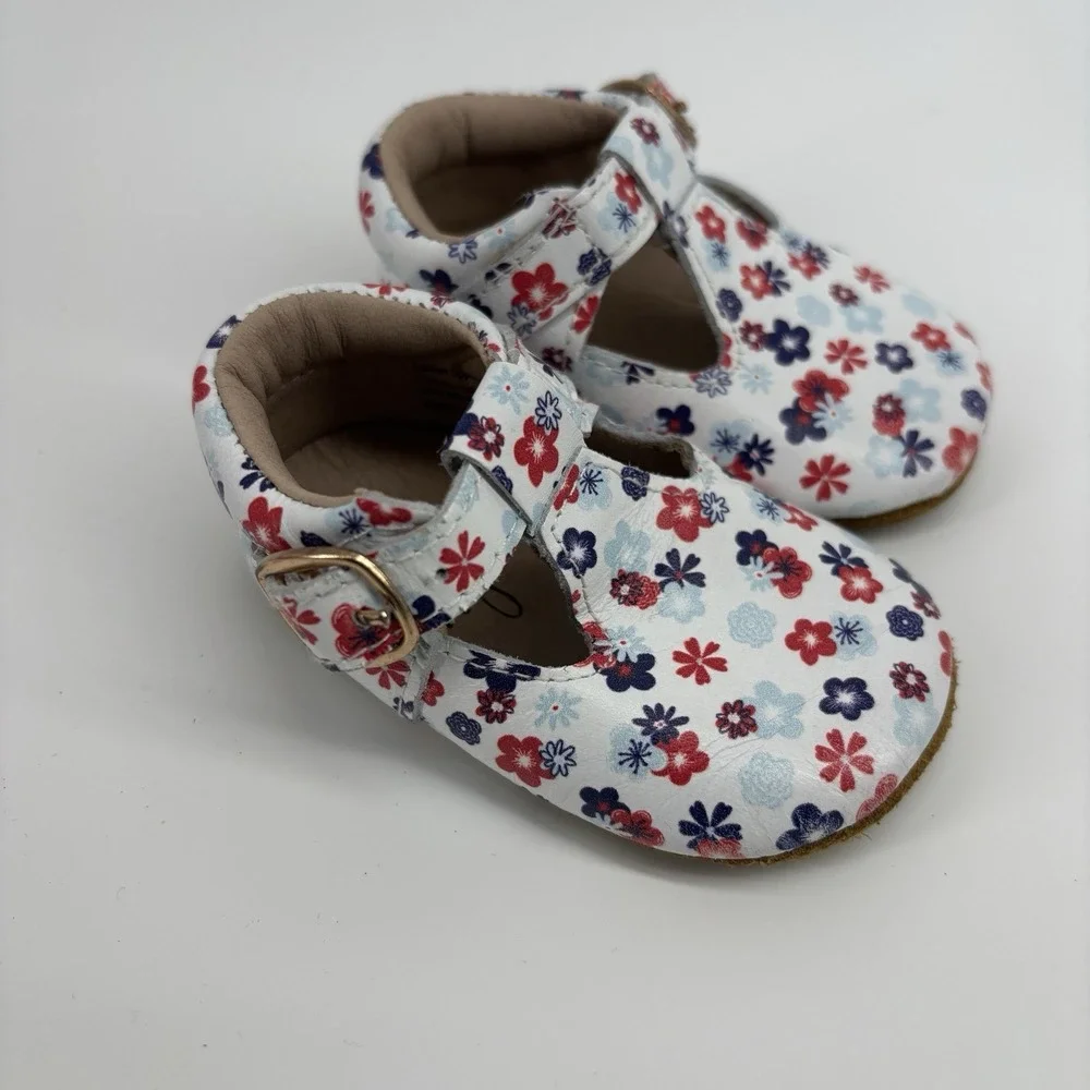 Monkey Feet Shoes Lot Of 2 Baby Girl Size 3-6 Months Blue Flower Flat Soft Soled